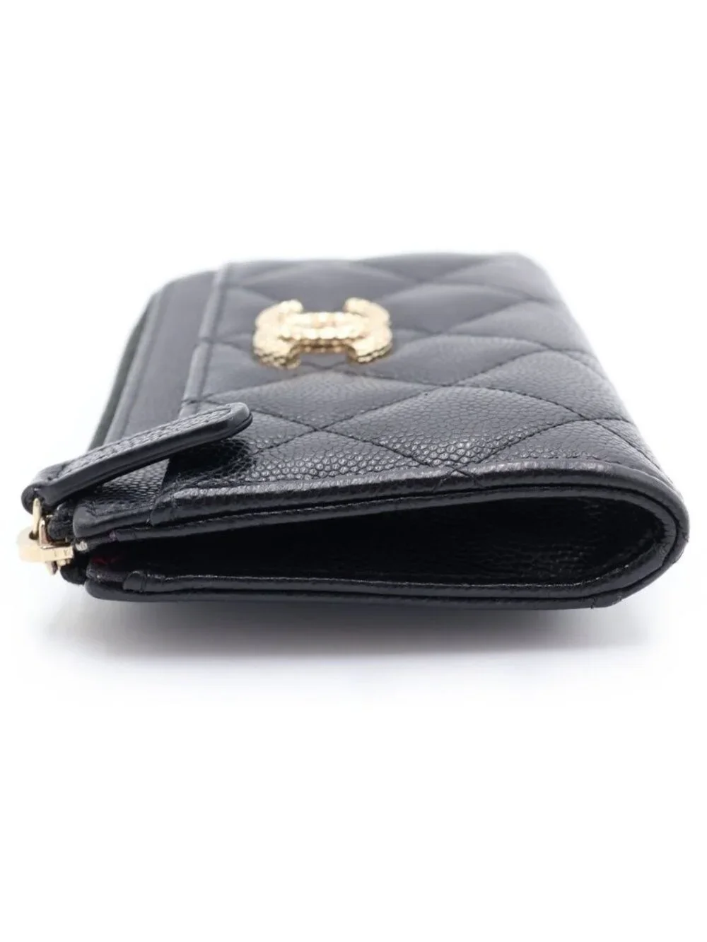 Chanel Quilted CC Logo Card Case Fragment Caviar Leather Black Gold